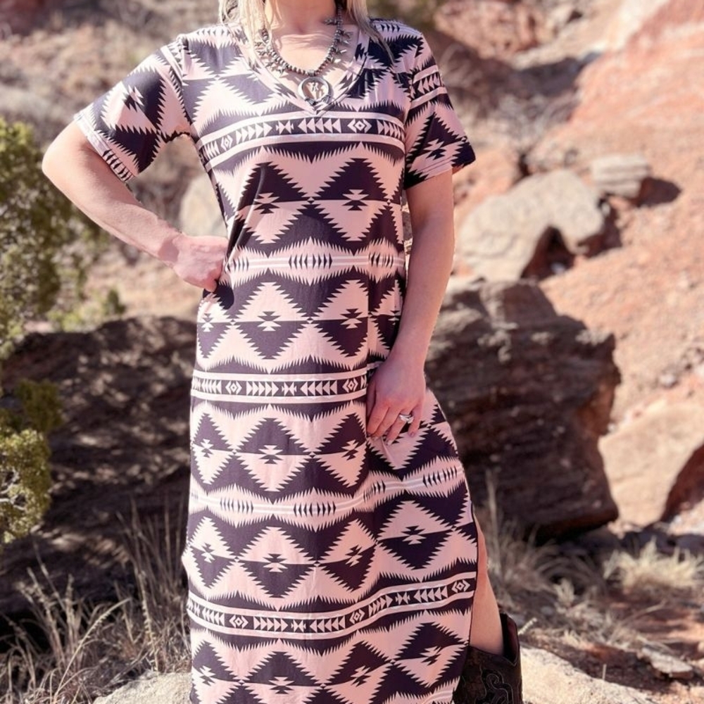 Aztec Print Midi Dress in Black and Pink